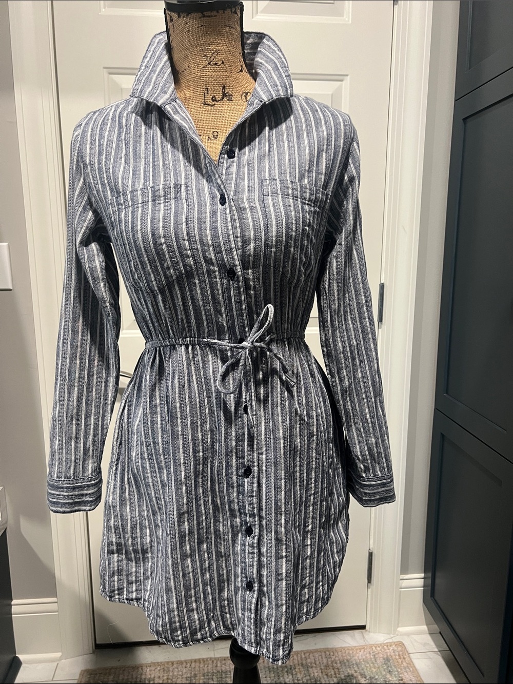 Japna Sz S Blue/White Striped Button-Front Shirt Dress Tie Waist Nautical Beach